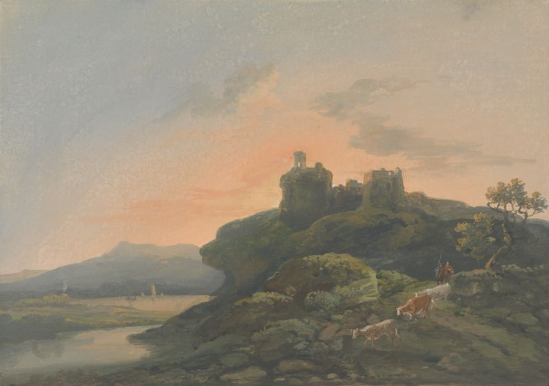Landscape with a ruined castle by John Laporte, oil painting