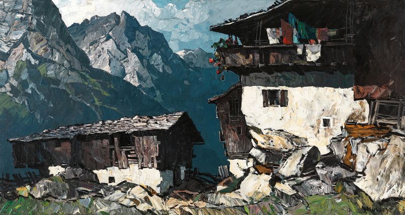 Landscape of Bauernhof im Hochgebirge by Oskar Mulley, oil on canvas depicting mountains and pasture.