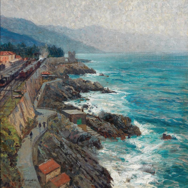 Coast at Nervi by Alexei Vasilievich Hanzen, oil painting depicting a tranquil shoreline