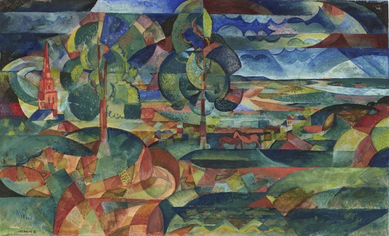 Paisagem com formas abstratas em tons de azul de Paul Adolf Seehaus, óleo sobre tela