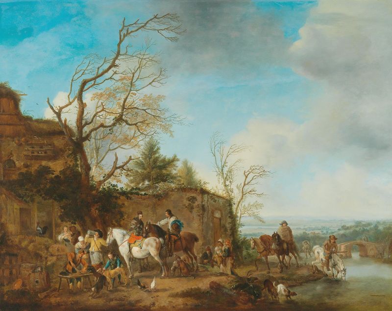 Cena de gênero de uma paisagem fluvial com figuras desfrutando de refrescos, pintura a óleo de Carel van Falens.
