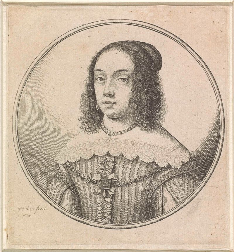 Retrato de uma mulher com colar de renda e colar de pérolas, gravura de Wenceslaus Hollar