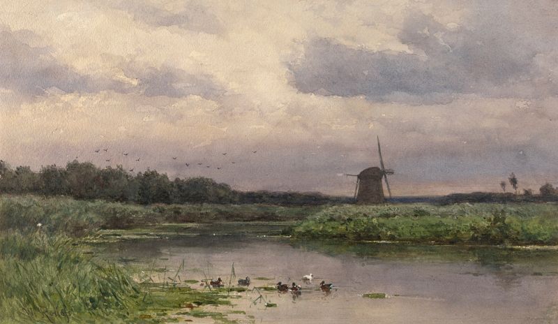 Dutch Landscape by Willem Roelofs, oil on canvas, depicting fields and a river with a pastel sky.