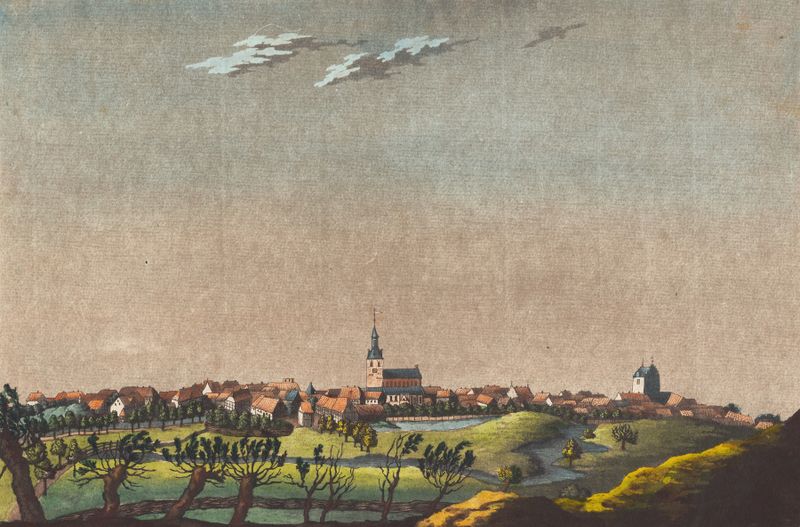 Landscape of Odense by Christian Heinrich Grosch, oil painting depicting charming houses and greenery.