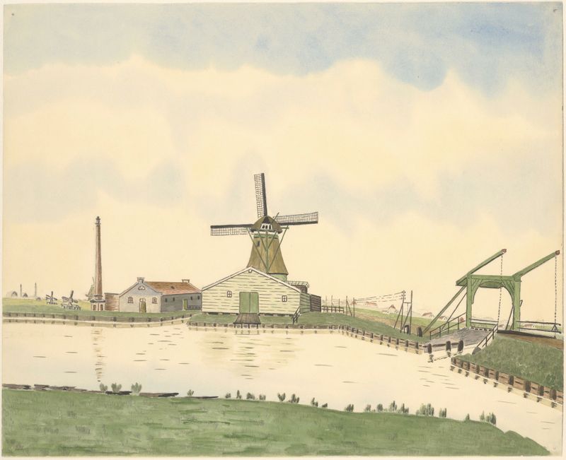 Paisaje con un molino de viento y un puente levadizo, óleo sobre lienzo de Johannes Nicolaas Eijman