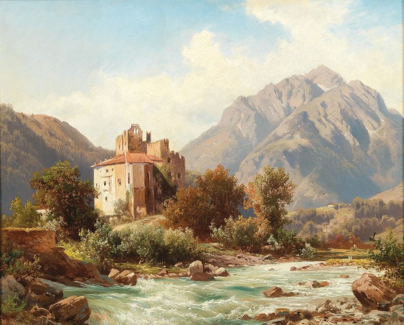 Forst Castle On The Adige Near Merano by Alois Kirnig, oil on canvas depicting a serene landscape.