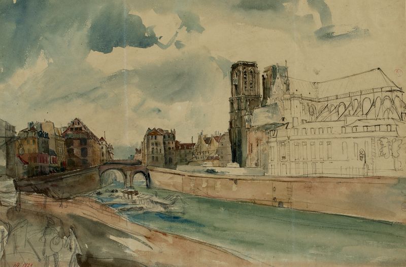 Seine river landscape with Notre-Dame cathedral, oil painting by Henri Jean Baptiste Levis