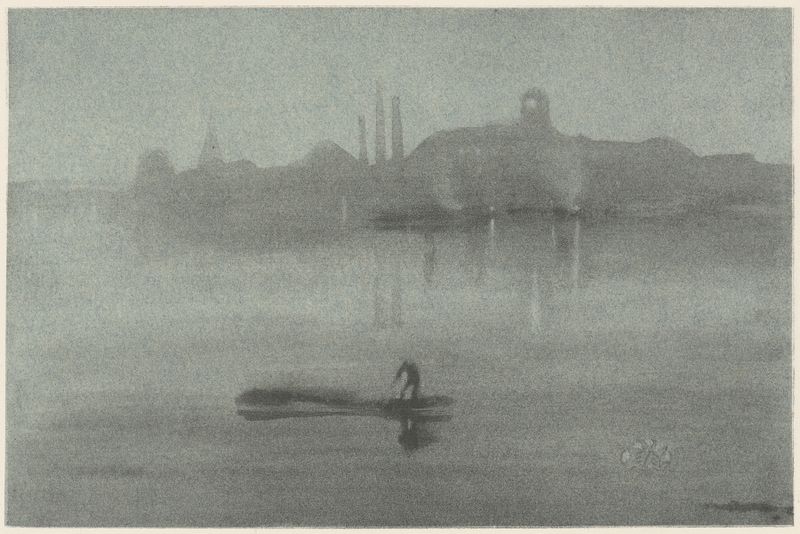 Nocturne by James Abbott McNeill Whistler, oil on canvas depicting a serene night landscape.
