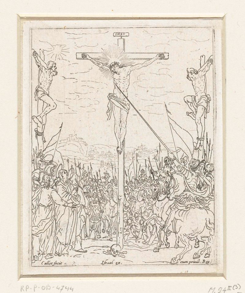 Kruisiging etching by Jacques Callot depicting figures in anguish with light and shadow