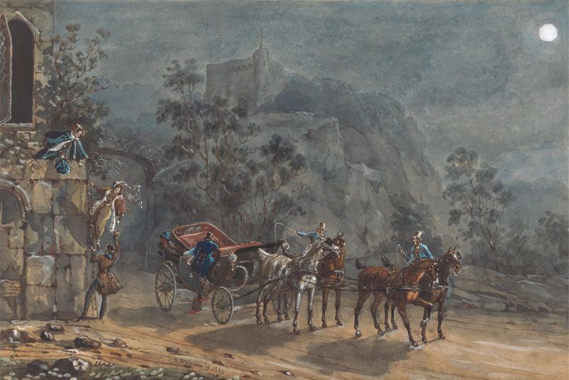 Casal de mãos dadas sob a luz da lua, pintura a óleo de Charles B. Newhouse