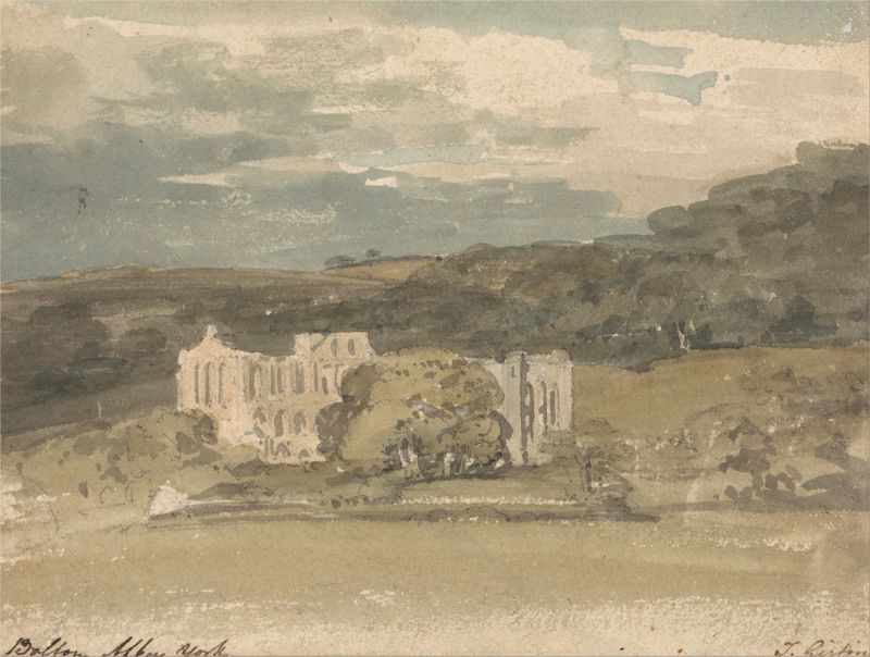 Rievaulx Abbey by Thomas Girtin, oil painting depicting ruins surrounded by twilight landscape