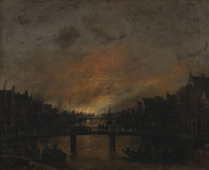 Fire at Amsterdam by Night, oil painting by Aert van der Neer showing a crowd illuminated by flames.