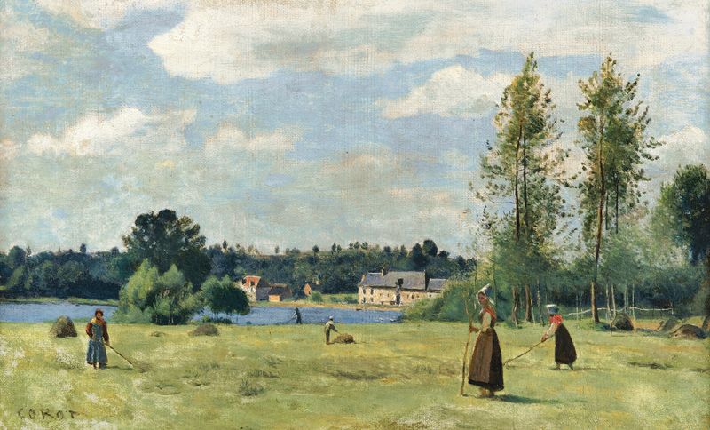 Colhedores em uma paisagem tranquila, óleo sobre tela de Jean-Baptiste-Camille Corot
