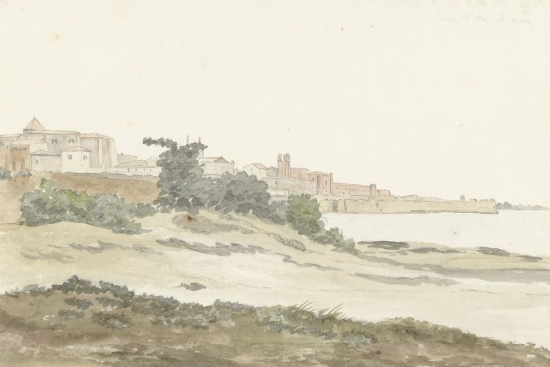 Acuarela de Abraham-Louis-Rodolphe Ducros que representa la costa y edificios de Barletta.