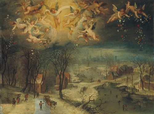A winter scene depicting villagers gathering wood and skaters on a frozen river, with putti scattering flowers above.