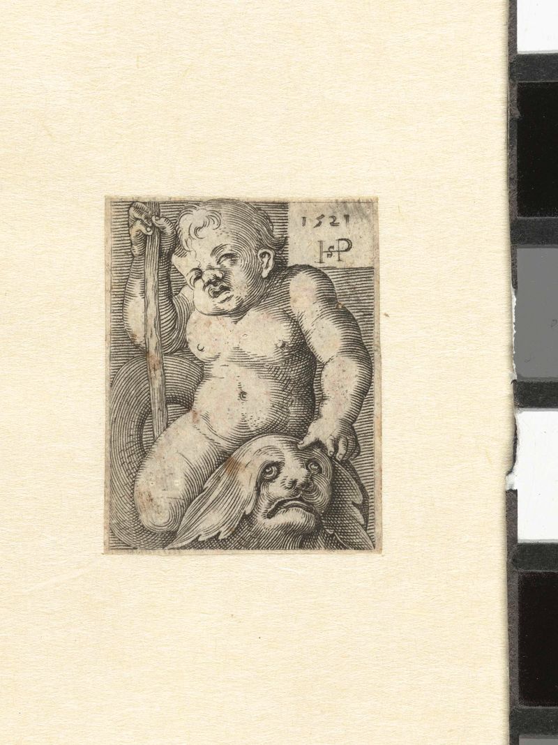 Gravura de um putto em um golfinho de um artista desconhecido
