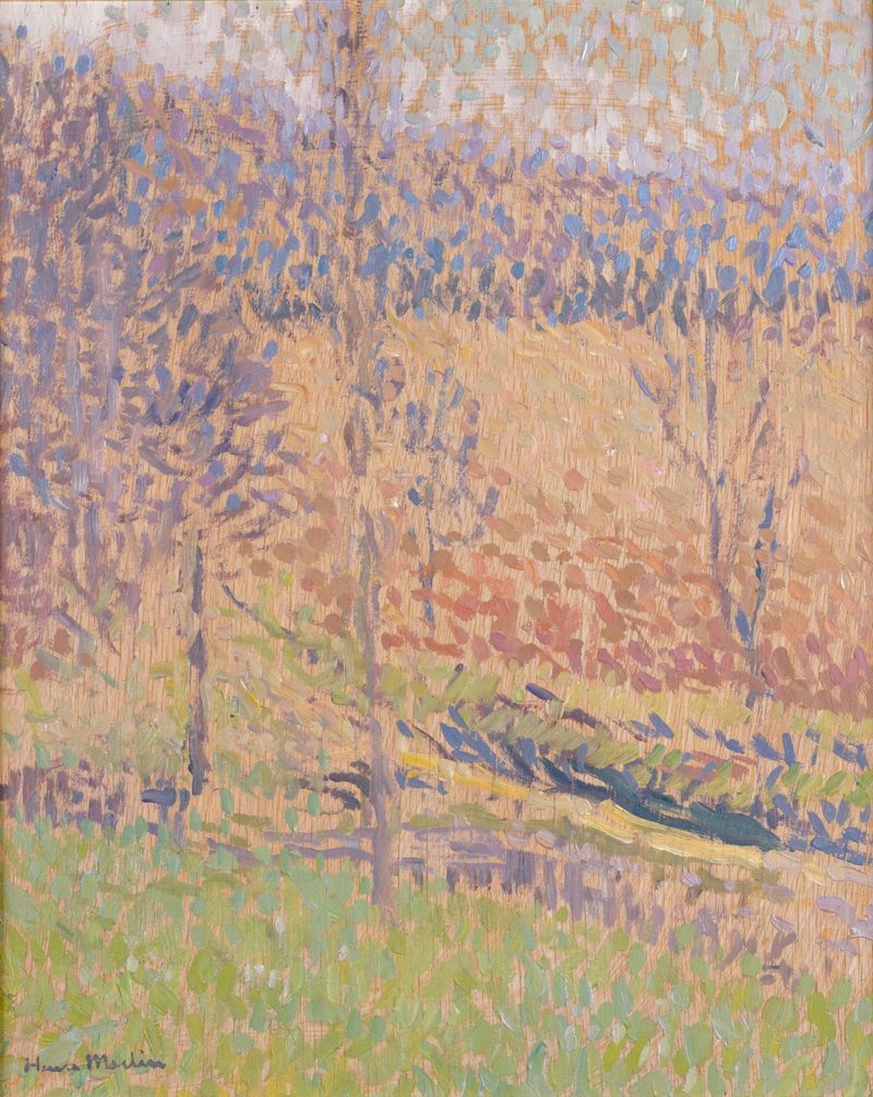 Paisaje con niebla y luz, figuras fusionándose en el entorno, por Henri Martin, pintura al óleo