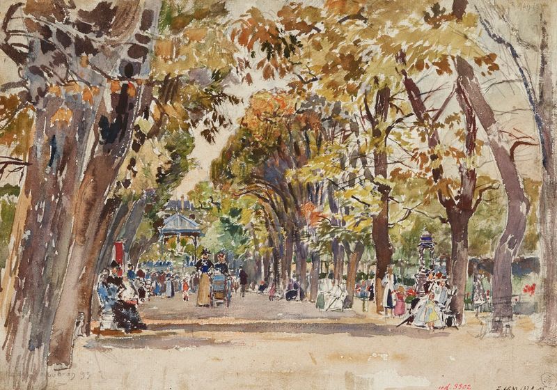 Paisaje de Jardin público en París, en 1899 de Frédéric Houbron, pintura al óleo