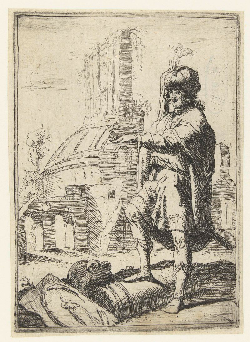 Etching by Bartholomeus Breenbergh of a figure in eastern clothing before ruins.