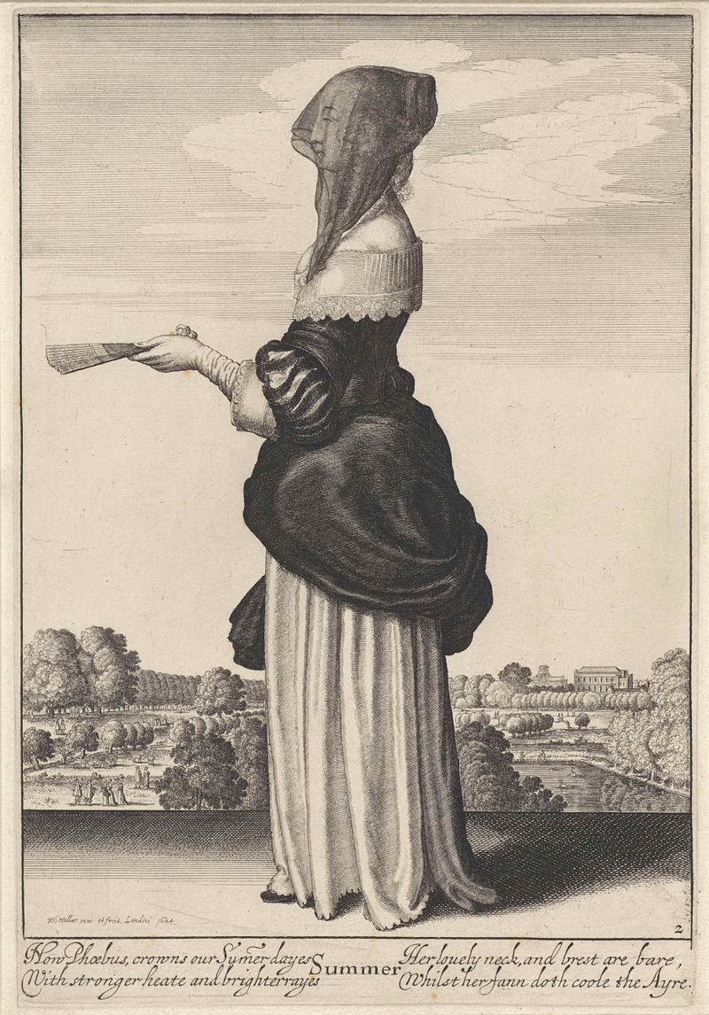 Grabado de Wenceslaus Hollar que muestra mujeres con ropa de invierno y verano