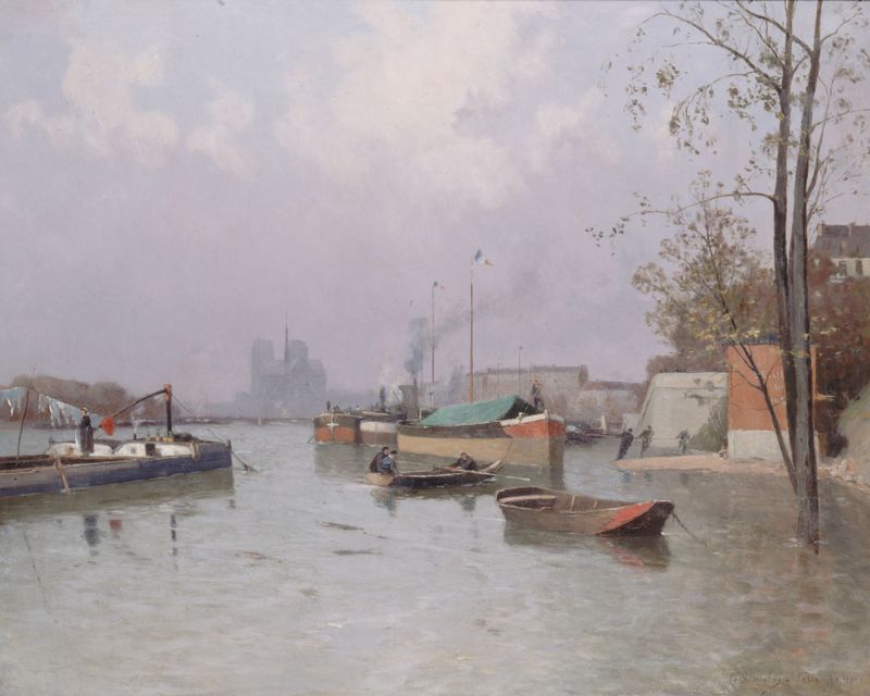 Pintura a óleo de paisagem de Gustave-Édouard Le Sénéchal de Kerdréoret mostrando um canal no outono.