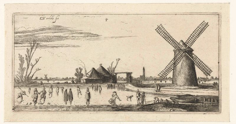 Schaatsers op het ijs bij uma moinho perto de Penningsveer, gravura de Esaias van de Velde