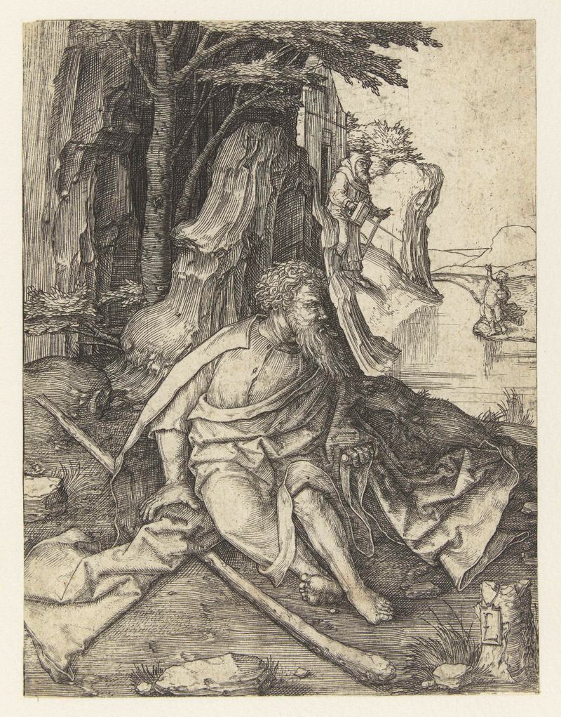 Grabado de Lucas van Leyden que representa a Christoffel junto a un río bajo un cielo luminoso.