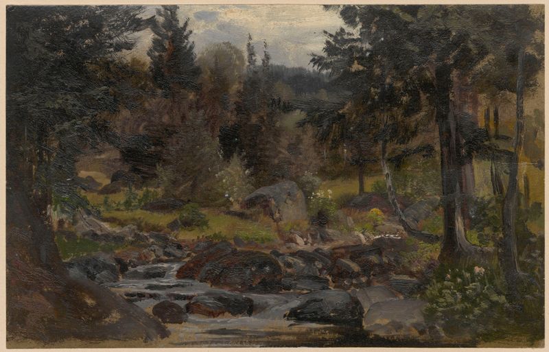 El arroyo del bosque en Przesieka, óleo sobre lienzo de Adolf Dressler, que representa un paisaje sereno con un arroyo y v...