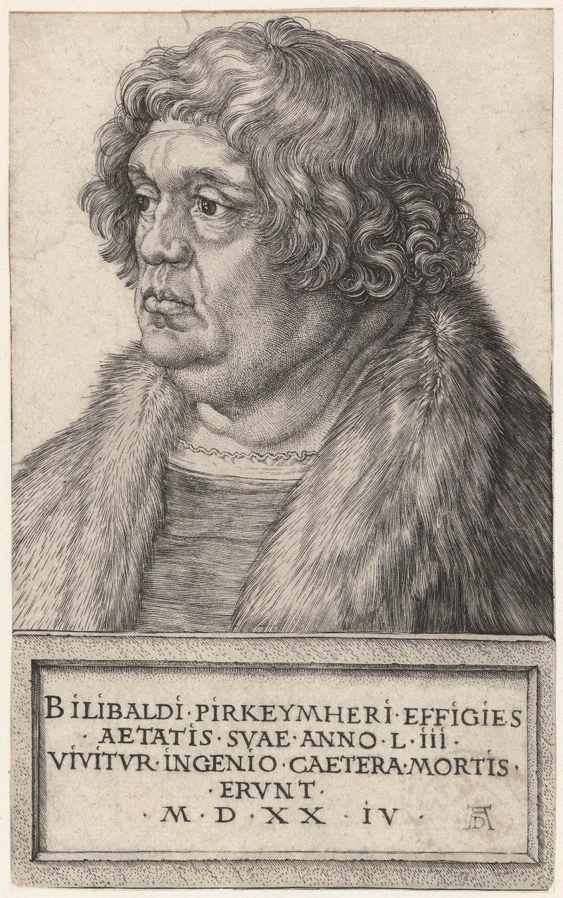 Grabado de Willibald Pirckheimer por Albrecht Dürer, con ropas detalladas y una mirada contemplativa.