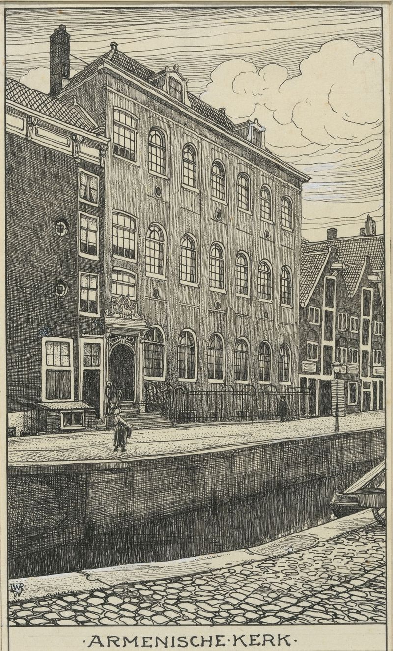Óleo sobre lienzo de Willem Wenckebach que representa la fachada de la Iglesia Armenia en Ámsterdam.