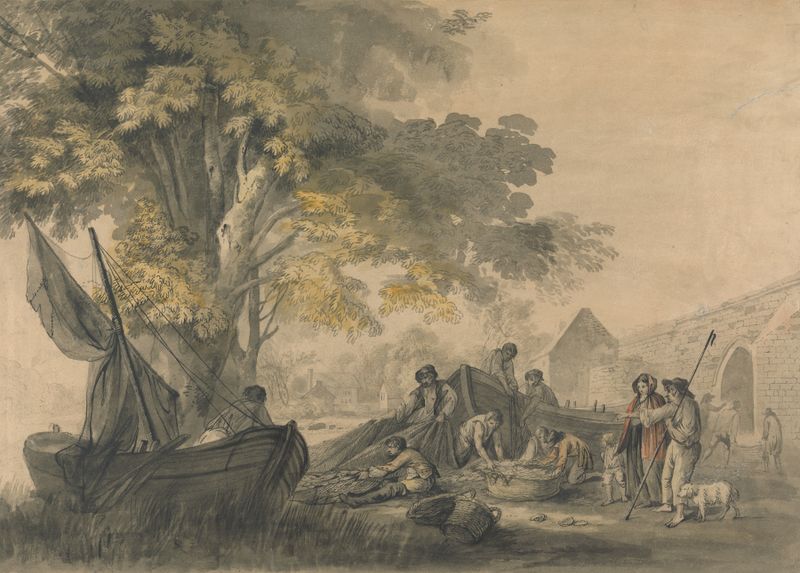 Boats, Fishermen and Peasants near a Weir, oil on canvas by Charles Robertson
