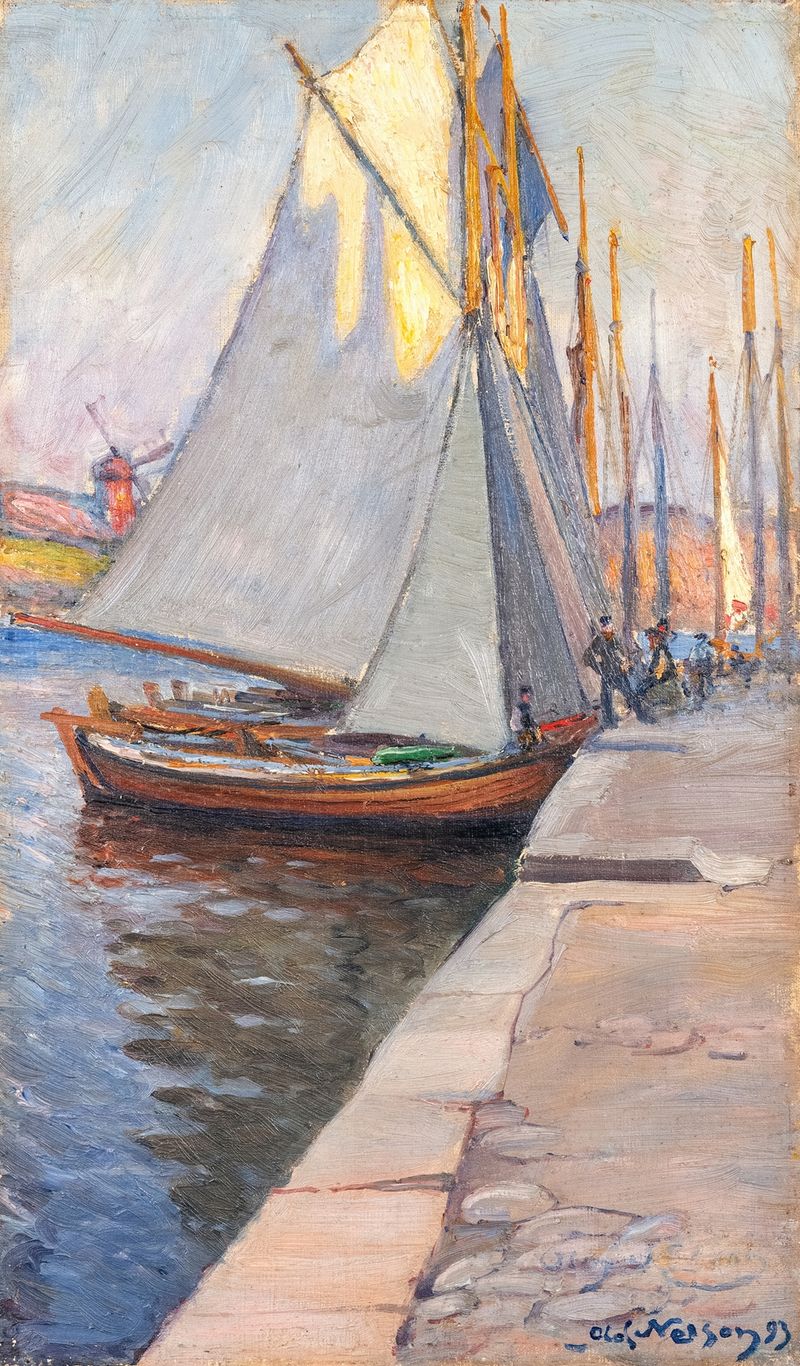 The Harbour at Marstrand by Olof Sager-Nelson, oil on canvas, depicting boats on tranquil water at sunset.