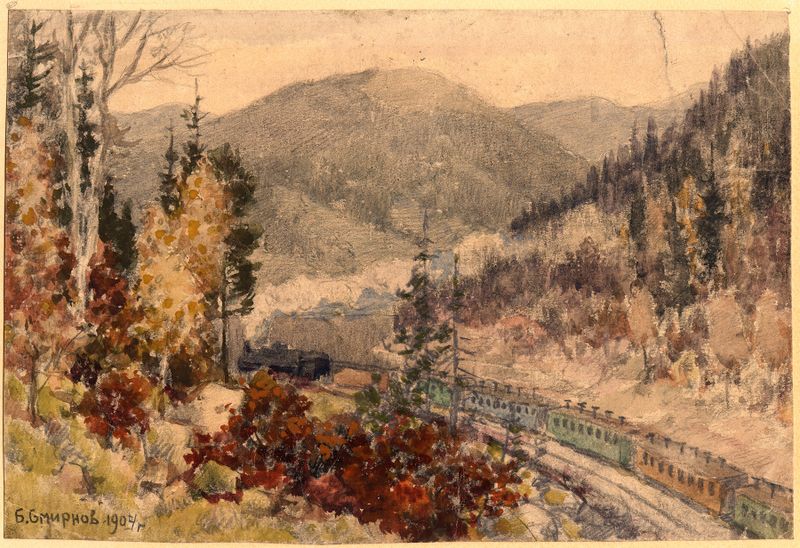 Locomotive in the Ural Mountains near Zlatoust by Boris Vasilievich Smirnov, oil painting depicting industry and nature.