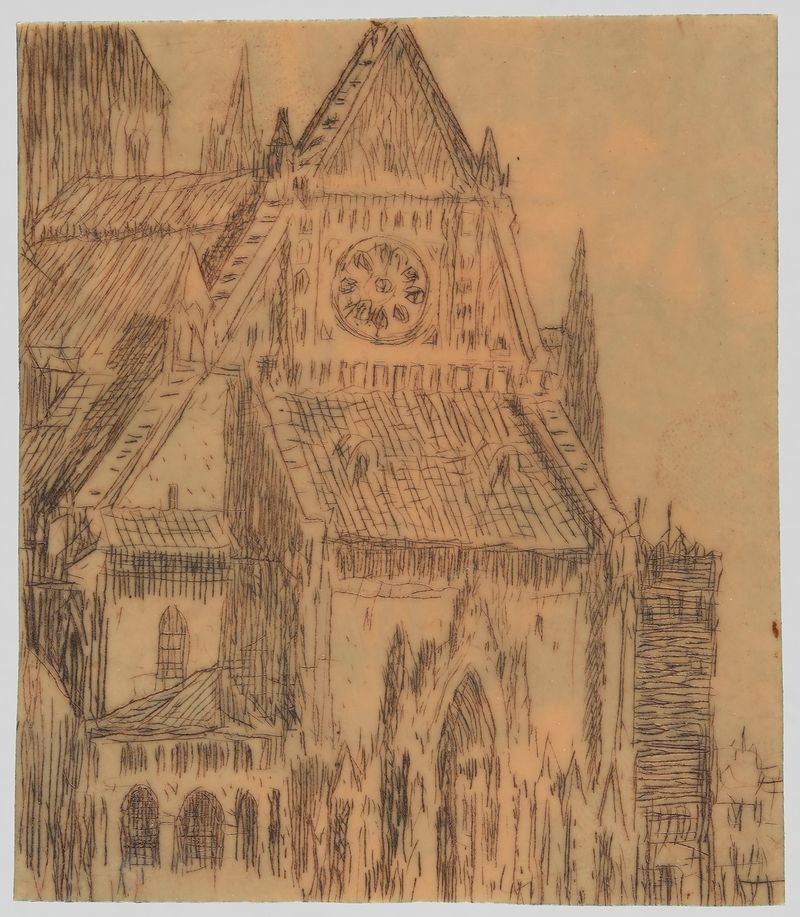 Fachada da catedral gótica de Feliks Jabłczyński, mostrando intrincados trabalhos em pedra e sombras.