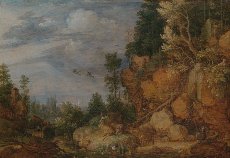 Rocky landscape with deer and goats, oil painting by Gillis Claesz. de Hondecoeter