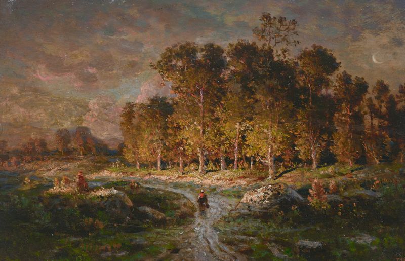 Paysanne en chemin de Théodore Rousseau, óleo sobre tela mostrando uma camponesa caminhando por um caminho.