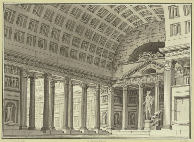 Neoclassical architecture featuring a marble Apollo statue by Giorgio Fuentes
