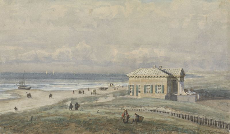 Paviljoen van Wied te Scheveningen de Johannes Josephus Destree, óleo sobre tela que mostra um pavilhão e água.