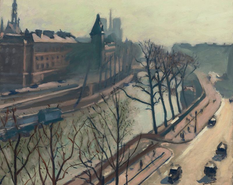 Pont Saint-Michel de Albert Marquet, óleo sobre tela, representando uma ponte sobre um rio