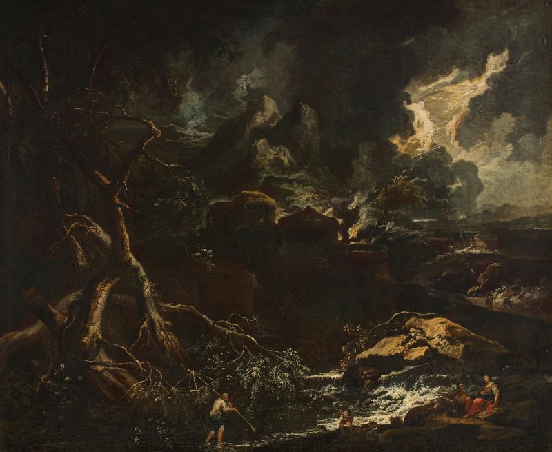 Gewitterlandschaft by Anton Faistenberger, Baroque landscape with stormy clouds.