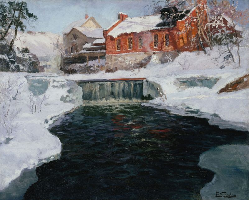 La nouvelle fabrique à Lillehammer de Frits Thaulow, pintura a óleo que retrata uma paisagem tranquila com reflexos.