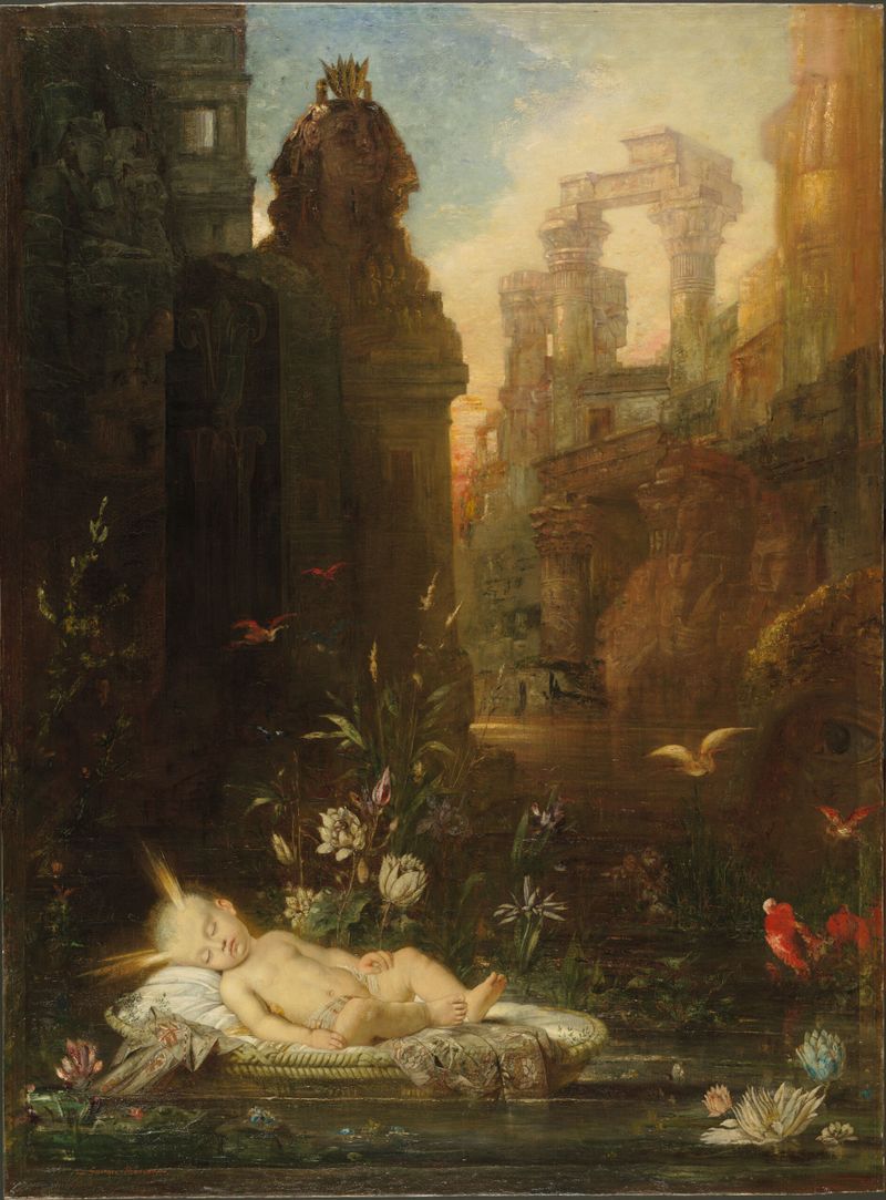 The Infant Moses, oil on canvas by Gustave Moreau, depicting a serene infant in golden light.