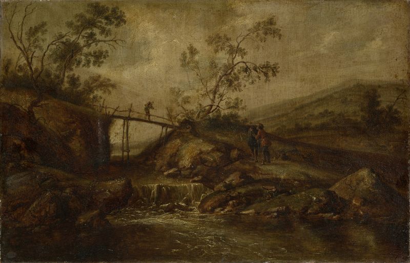 Landscape with a cascade and figures, oil on canvas by François van Knibbergen