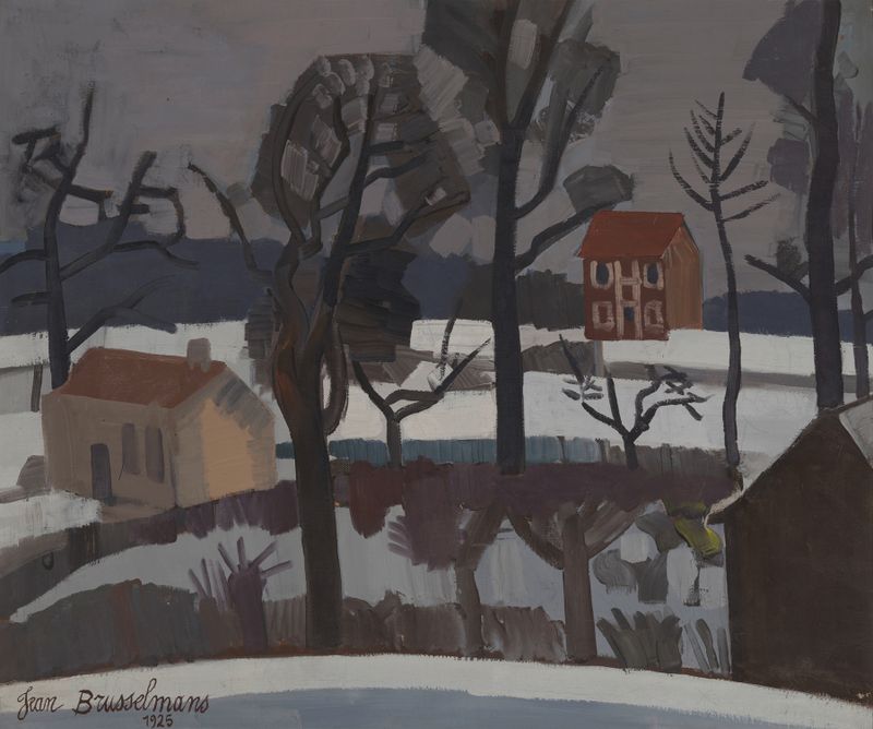Winterlandschap by Jean Brusselmans, oil on canvas depicting a tranquil snow-covered landscape