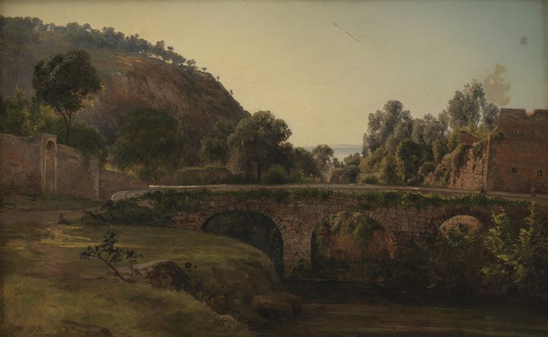 A Bridge near Sorrento de Thorald Brendstrup, óleo sobre lienzo que representa un paisaje sereno con un puente y luz solar.