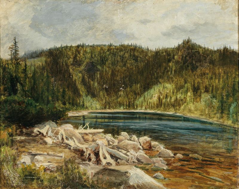 A serene lake and forest scene by Julius Eduard Mařák, oil painting.