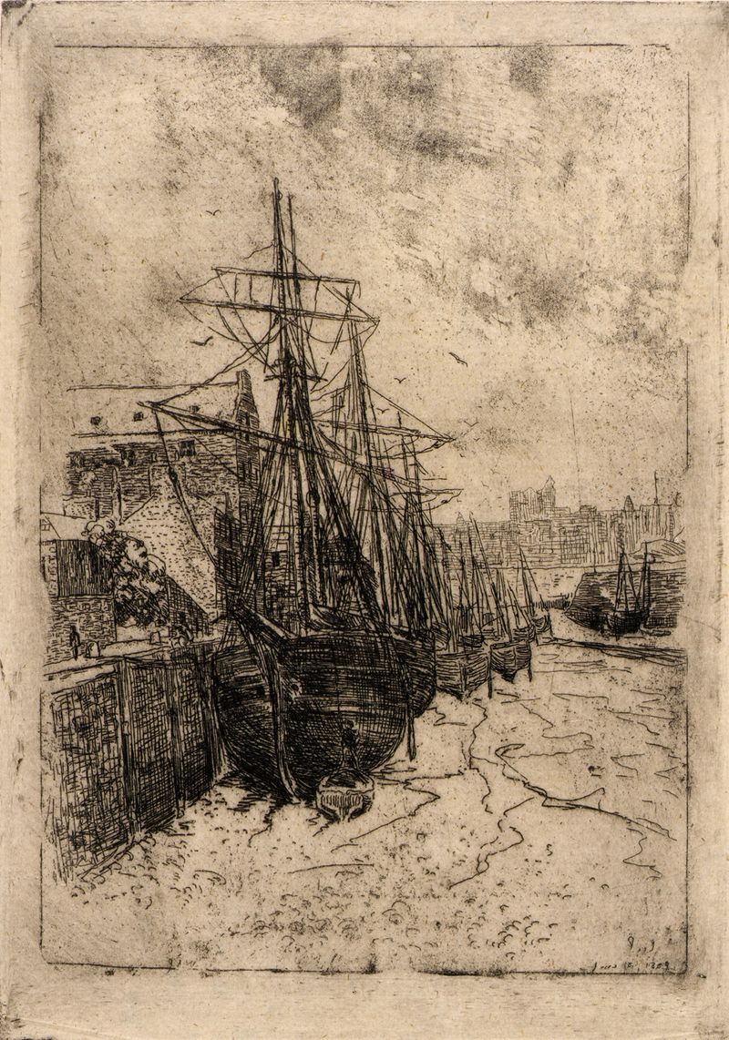 Boats at Low Tide–Isle of Man de Julian Alden Weir, óleo que muestra barcos en tierra agrietada.