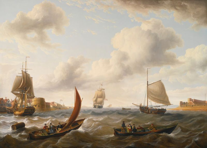 Oil on canvas by Charles Martin Powell depicting ships navigating choppy seas at Portsmouth Harbor.