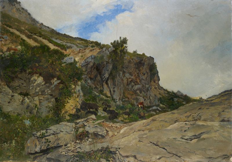 Flock in the Alps de Frank Buchser, pintura al óleo que representa ovejas en un paisaje montañoso.