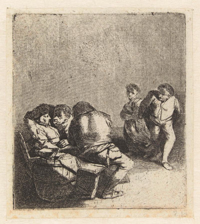 Grabado de Cornelis Pietersz. Bega que muestra una pareja bailando y figuras sentadas.